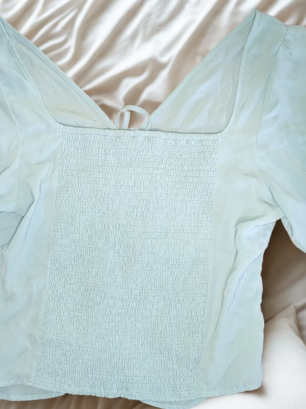 Abercrombie & Fitch Pale Blue Ruched V-Neck Puff Sleeve Top